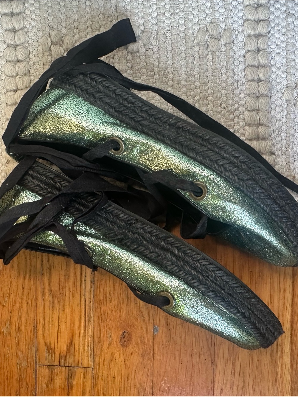 Rochas Metallic Green Glitter Lace-Up Ballet Flats - Picture 2 of 5
